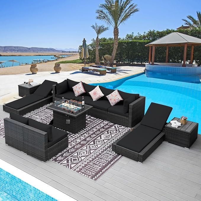 NICESOUL 11 Piece Patio Furniture with Fire Pit Natural Gas/Propane, 29.3'' High Back Outdoor Sectional with Firepit Table & Chaise Lounge, Deep Large Seating Sofa Couch, 2 Color Cushion Black & Gray