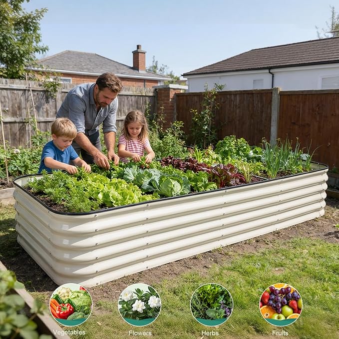 5 in 1Galvanized Raised Garden Bed - 8x3x1.4ft Modular Garden Planter Bed Outdoor | Steel Raised Bed Kit with Bracing Rods, Gloves for Gardening Vegetables Fruits and Flowers - White