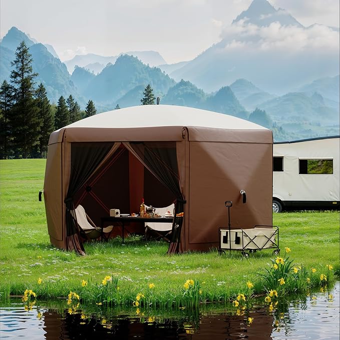 13x13FT 6-Sided Pop Up Gazebo Tent，One-Push Setup Canopy Tent with Removable Canopy Top & Wind Cloths, Outdoor shelter for Camping, Backyard Parties, Outdoor Events - Beige & Khaki