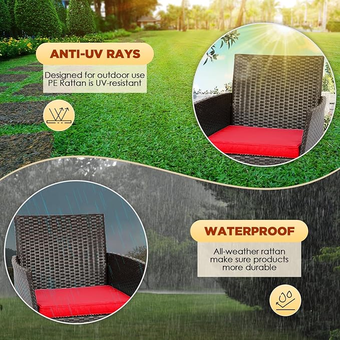 FDW | 4-Piece Patio Furniture Set | Brown & Red | Outdoor Wicker Furniture with Coffee Table | Modern Rattan Chairs Conversation Set | Outdoor Seating | Weather-Resistant | for Porch, Garden, Lawn