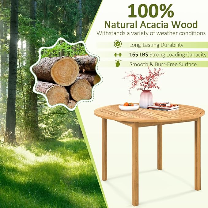 Tangkula 44" Round Outdoor Dining Table for 4, Acacia Wood 4-Person Large Patio Dining Table, Farmhouse Indoor Outdoor Dining Furniture for Deck, Garden, Poolside & Backyard