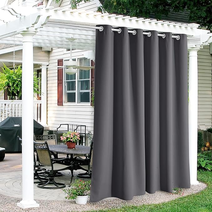 RYB HOME Outdoor Curtains for Patio Waterproof Block Sunlight Thermal Insulated Privacy Assured Thick Outside Curtains for Porch, Gazebo, Pergola, W84" x L95", Grey, 1 Panel