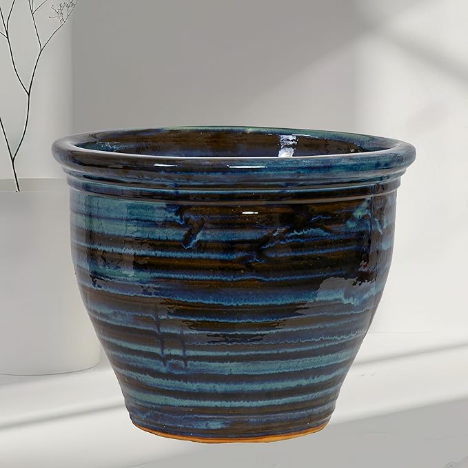 Sunnydaze Large Ceramic Plant Pot - Round Outdoor Glazed Ceramic Planter Pot with Drainage - Studio - Galaxy Blue - 18.5"