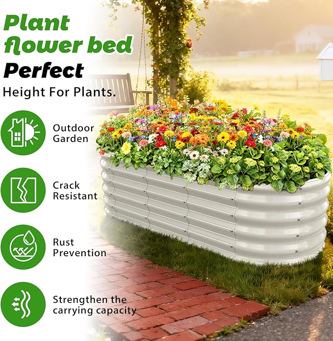 17" Tall Outdoor Garden Raised Garden Bed Kits, 5ft X 2ft Oval,0.8MM Thick Metal Raised Planter Bed/Ground Planter Box for Variety of Flowers,Herbs,Vegetables (Cream White, 60X24X16.5 Inches)