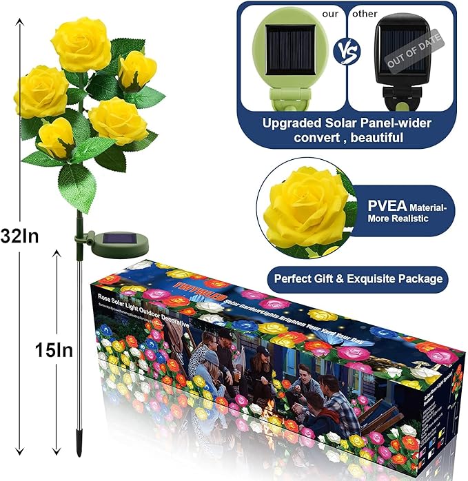 Solar Flower Lights Outdoor - Upgraded New Material Two Modes Realistic LED Solar Powered Waterproof Lights with 5 Roses, Solar Decorative Stake Lights for Garden (Yellow, 1 Pack)