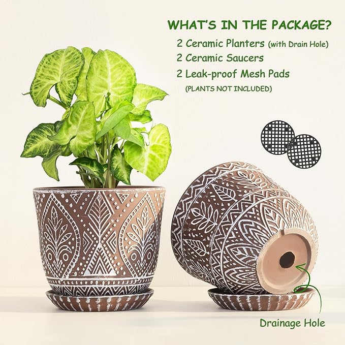Gepege 6 Inch Ceramic Planter, Plant Pot with Drainage Holes and Saucers for Indoor Plants, Birthday for Women Mom