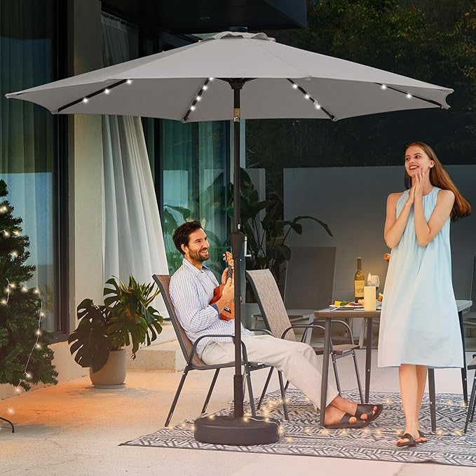 JEAREY 9FT Outdoor Patio Umbrella with Solar Lights, LED Lighted Pool Umbrella with Tilt and Crank, Outdoor Table Umbrellas for Deck, Yard & Market (Light Grey)