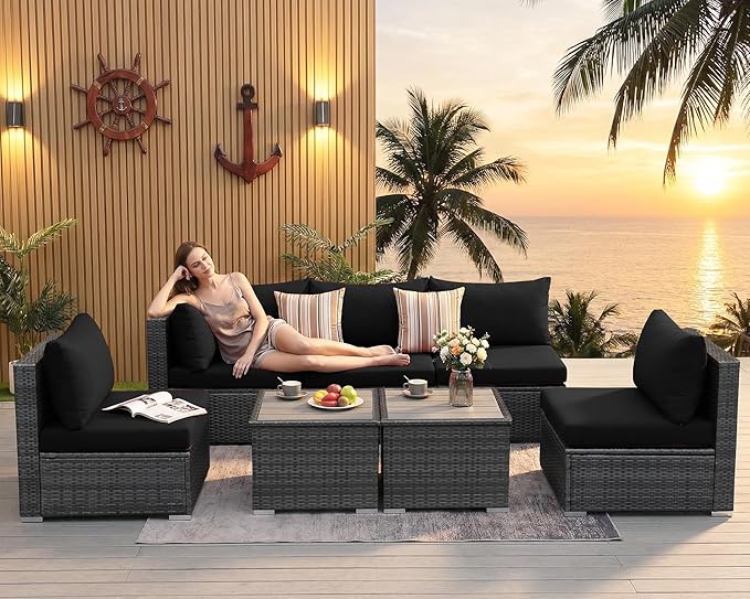NICESOUL 7 Piece Modern Outdoor Patio Furniture Set, Extra Large Grey Wicker Patio Modular Conversations with Tables, All-Weather Deep Sofa Couches for Backyard Deck, 2 Color Cushion Black & Gray