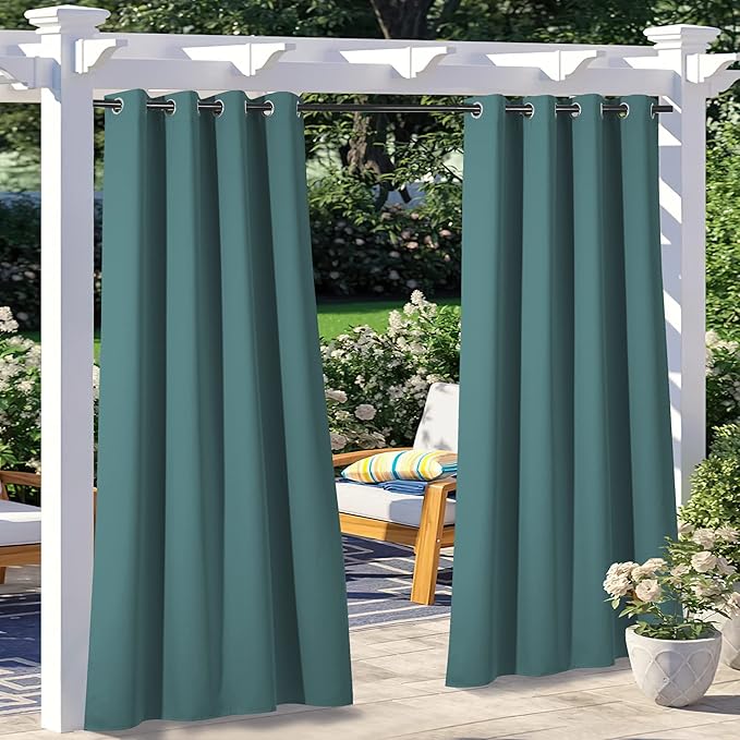 NICETOWN 2 Panels Weighted Outdoor Curtains for Patio Waterproof, Stainless Steel Silver Grommet Thermal Insulated Blackout Outdoor Drapes for Patio/Front Porch, W52 x L108, Teal