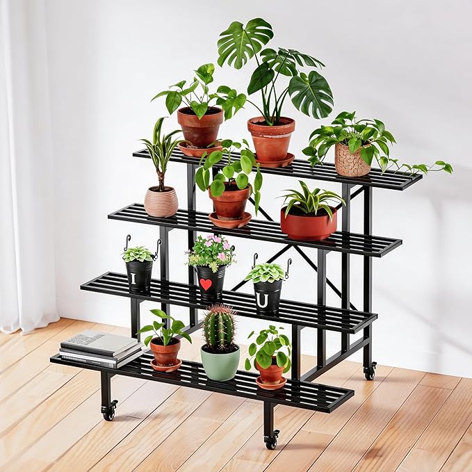 Zhongma 4 Tier Sturdy Metal Plant Stand with Wheels, L45.67 x W34.65 x H35.83 inch, Heavy Duty Plant Holder for Home Indoor and Outdoor, 880 LBS Capacity & Heavy Duty Construction