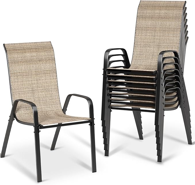 MAMIZO Patio Dining Chairs, Stackable All Weather Teslin Chair, Heavy Duty Outdoor Breathable Chairs Set, w/Armrests, Upgraded Chair FeetW/Strenthened Iron Spacers, 330 LBS (8, Brown)