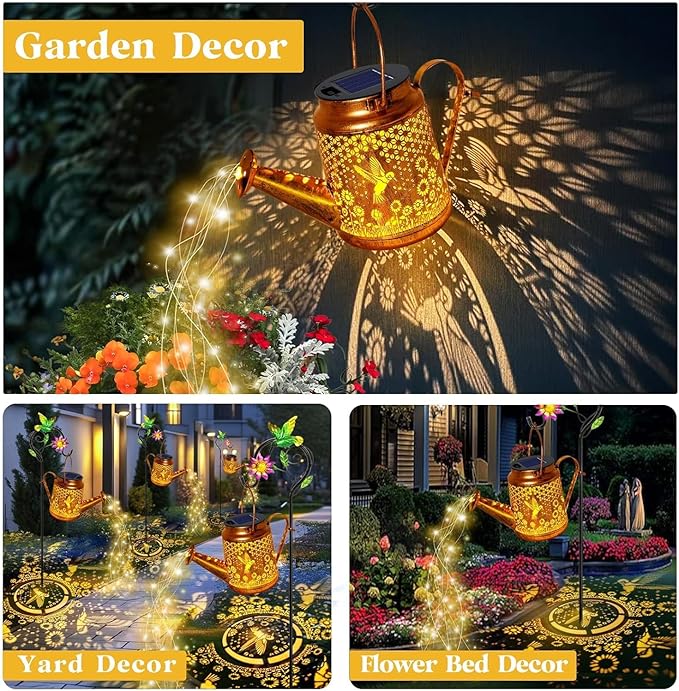 Solar Lanterns Outdoor, Hummingbird Sunflower Watering Can lights, Waterproof Hanging Lanterns, Solar Path Lights, Outside Decoration Gardening Christmas Gifts for Mom Grandma Women with Shepherd Hook