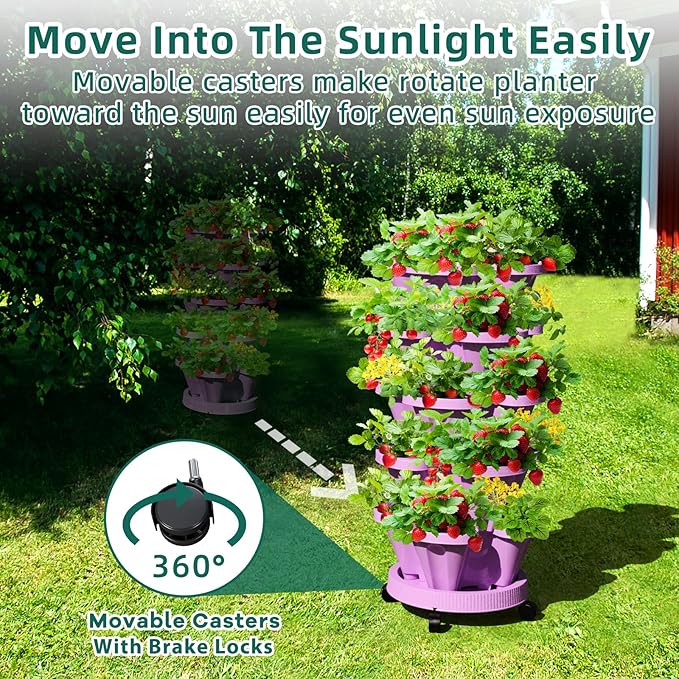 Strawberry Vertical Planter GardenTower, 5 Tiered Stackable Planter with Support Pole, Stacking Herb Vegetable Planters Indoor and Outdoor - Purple