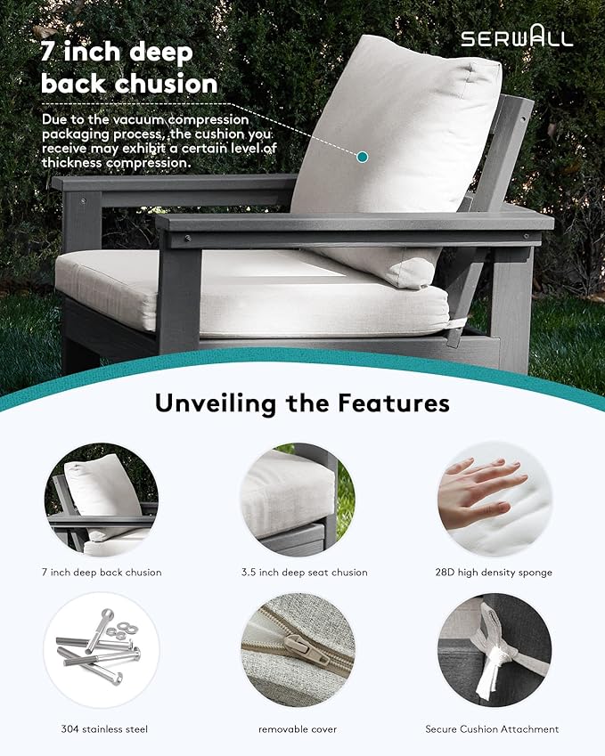 SERWALL HDPE Patio Conversation Set, 6-piece Sectional Outdoor Furniture Set, All Weather Outdoor Couch Set Patio Furniture Set for Deck, Lawn, Grey Frame with Khaki Cushion