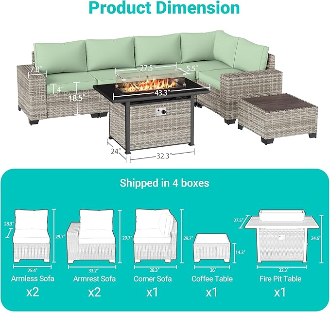 7-Piece Outdoor Patio Furniture Set with 55,000 BTU Fire Pit Table, PE Wicker Rattan Sectional Sofa Patio Conversation Set with Thickened Cushions & Coffee Table, Light Green