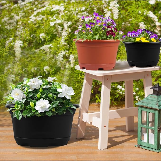 5 Pack 8.5 inch Plant Pot,Outdoor Flower Pots,Plastic pots for Plants Indoor with Drainage Holes and Trays, Decorative Garden Containers Sets for Houseplants
