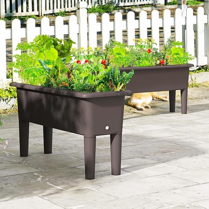 Giantex Raised Garden Beds Outdoor Set of 2, Self-Watering Planter Box with Detachable Legs & Drainage Hole, Outdoor Raised Container for Vegetable Fruit Herbs, 31.5”Lx12”Wx16”H, Easy Assembly (Brown)