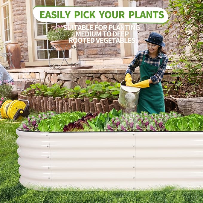 Galvanized Raised Garden Bed - 6x2x1.4FT Metal Planter Boxes Outdoor | Oval Steel Raised Bed Kit for Gardening with Protective Tape, Gloves for Vegetables, Flower, Herb (White)