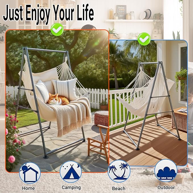Hammock Chair Stand with X-Large Swing Chair with Footrest，Anti-Tip Thickened Weather-Resistant Iron Pipe Swing Frame, 450Lbs Stand Capacity Quick Assembly for Indoor Outdoor (White)