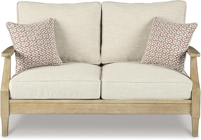 Signature Design by Ashley Clare View Coastal Outdoor Loveseat, Cushioned with Nuvella Fabric, Protective Finish, Eucalyptus Wood, 55.5" W x 35" D x 32" H, Beige
