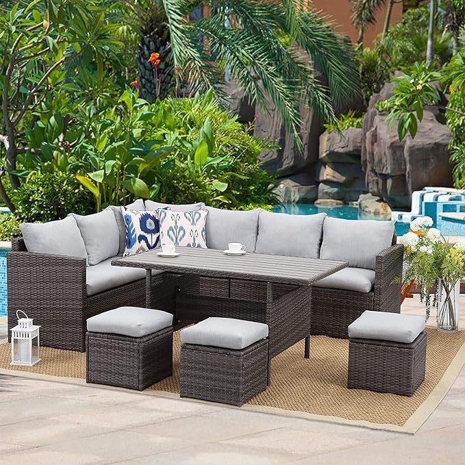 Wisteria Lane 7 Piece Patio Furniture Set, Wicker Patio Sectional with Wide Armrest, All Weather Outdoor Dining Set, Outdoor Furniture Patio Conversation Set with Ottoman, Light Grey