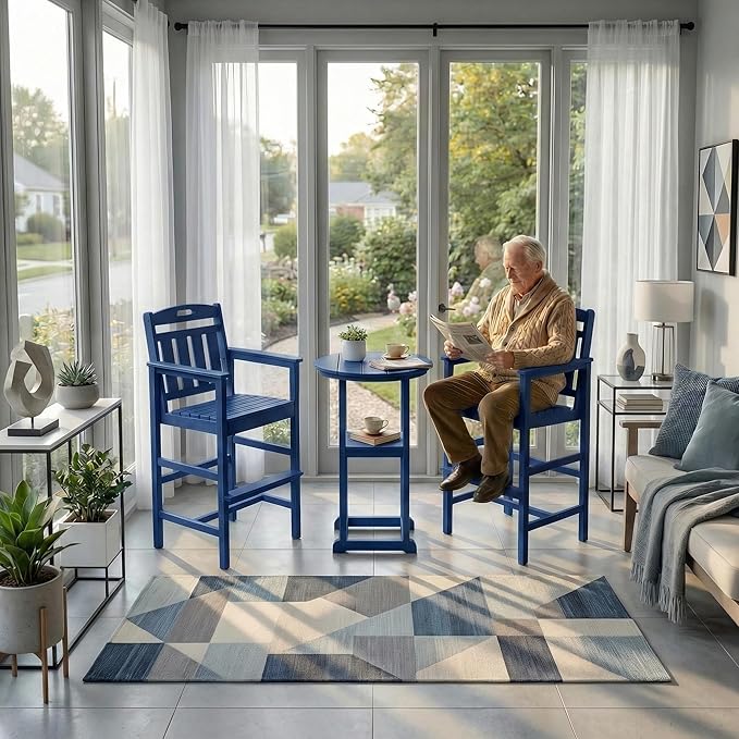 Ciokea Heavy Duty Bar Height Chair, 380lbs Outdoor Adirondack Tall Bar Chair Patio Stool with Arms & High Back, Heavy Duty All-Weather for Balcony, Poolside, Deck and Garden, Navy Blue
