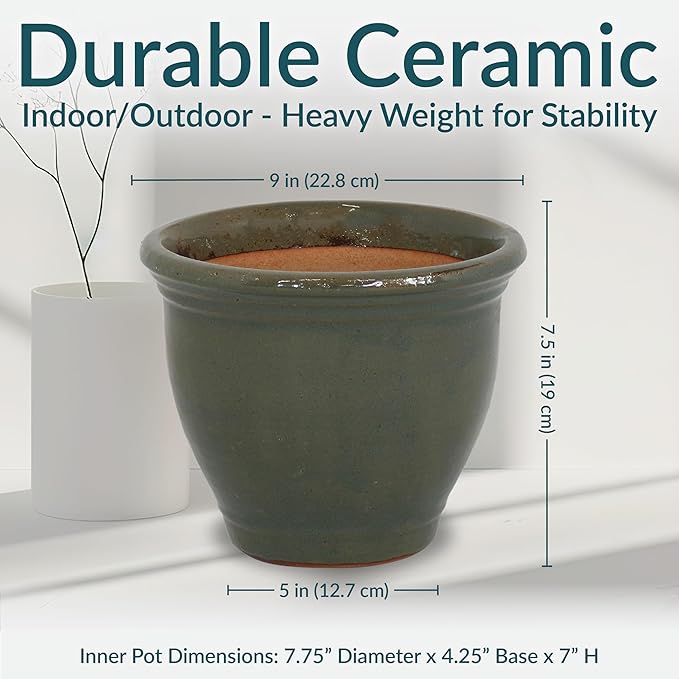 Sunnydaze Round Ceramic Planter - Set of 2 Indoor or Outdoor Plant Pots with Drainage Hole - Studio - 9" - Gray Glaze