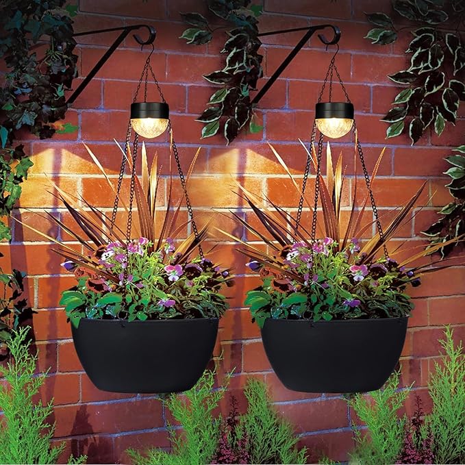 SUNNYPARK 2 Packs Hanging Planters Basket for Outdoor Plants, Solar Powered Self Watering Black Round Plastic Flower Pots with Drainer for Balcony Patio Garden Outdoor Decoration