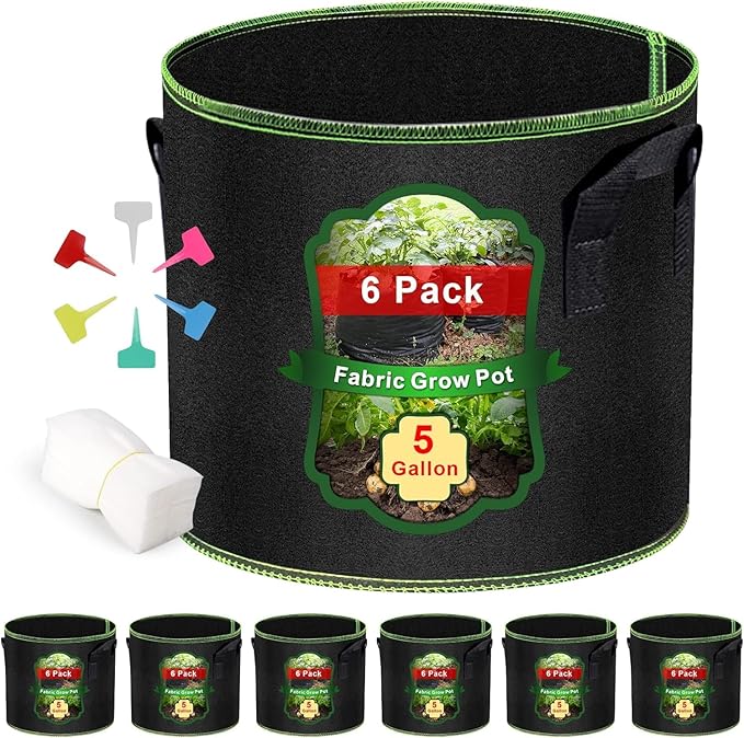 5 Gallon Fabric Grow Bags 6-Pack, Thickened Aeration Planter Bags with Handles Plant Tags Seedling Bags for Outdoor Indoor Vegetable Garden, Black
