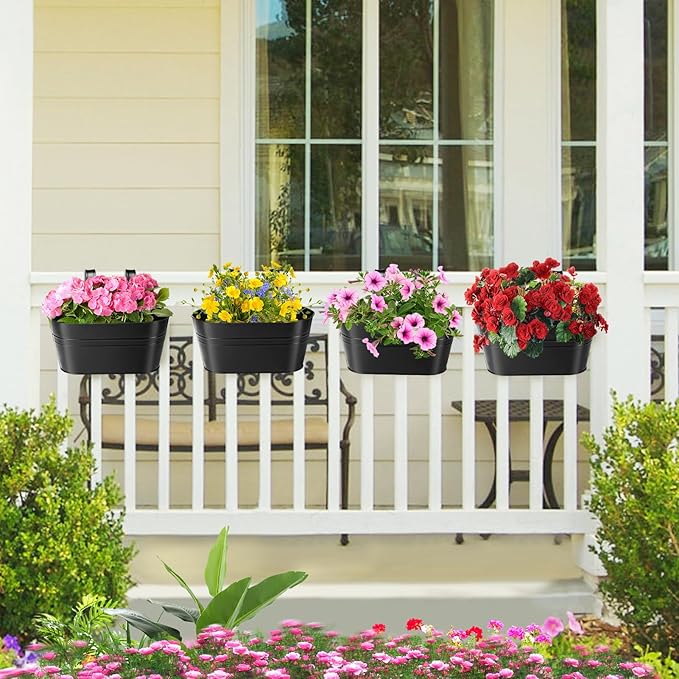 MADHOLLY Railing Planter with Drainage Holes - Sturdy Bucket Pots for Railing Fence, Countryside Style Metal Flower Pots for Herbs Balcony Garden Yard Decor, 4Pcs, Black