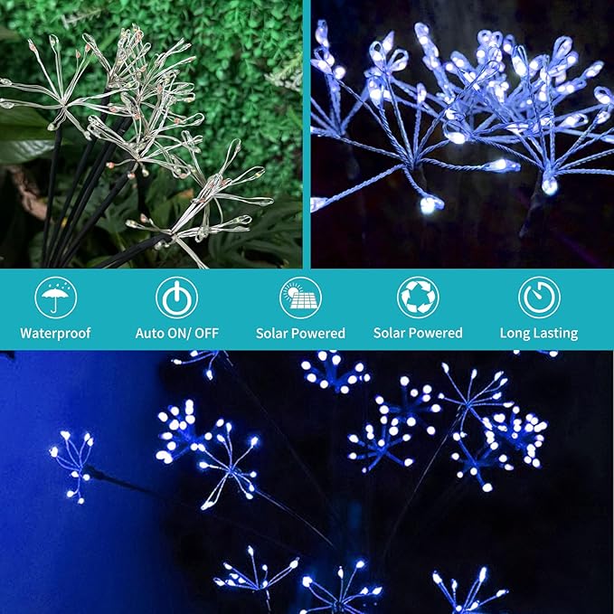 JJGoo Solar Garden Lights, New Upgraded 2 Pack Solar Swaying Starburst Light, Waterproof Fireworks Outdoor Lights, Yard Patio Pathway Decoration, Blue
