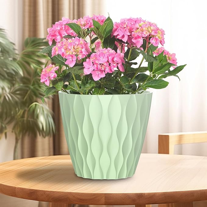 6 Pack 7 Inch Indoor Plant Pots with Drainage Holes, Outdoor Plastic Decorative Flower Pots, Garden Planters with Tray Saucers for Orchids, Violets, Succulents, Herbs, and Other Plants