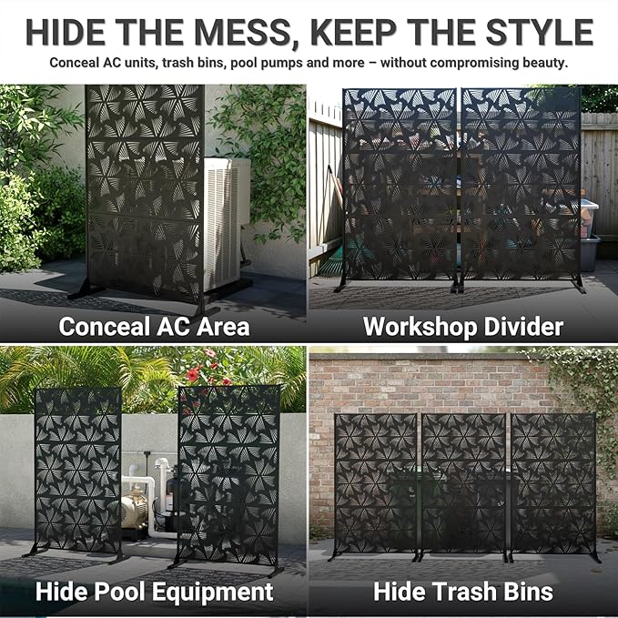 72in Metal Privacy Screen Outdoor Decorative Panel – Freestanding Rustproof Steel Patio Divider for Garden, Backyard, or Balcony, Modern Laser Cut Design for Stylish Privacy & Outdoor Decor