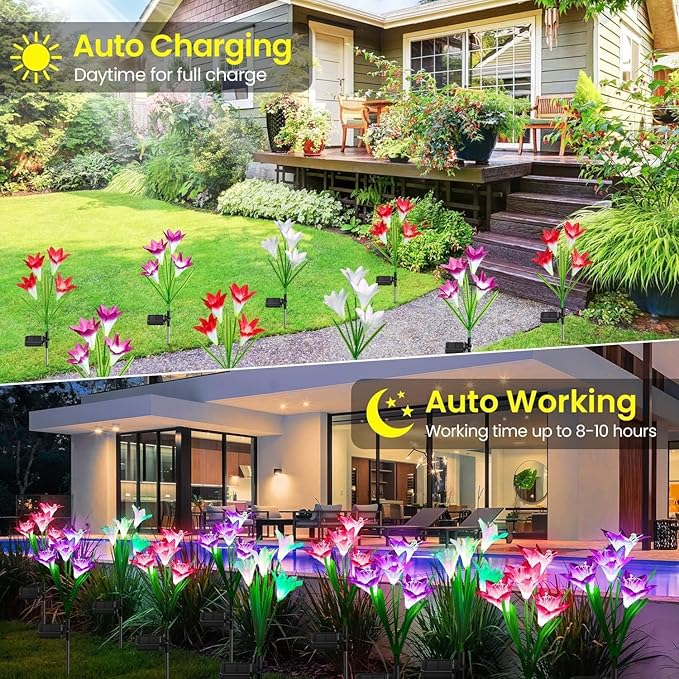 KOOPER Outdoor Solar Lights, 10 Pack Solar Garden Light with Bigger Lily Flowers, Waterproof 7 Color Changing Solar Lights Outdoor - Bigger Panel for Patio Yard Garden Decoration, Gift for Mom