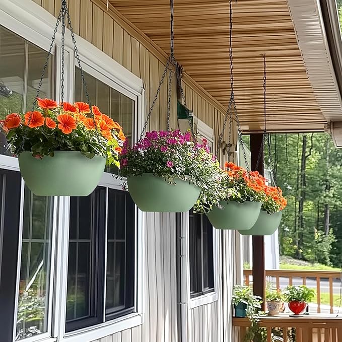 T4U 12 Inch Hanging Planters for Indoor Outdoor Plants, 2 Pack Plastic Hanging Planter, Indoor Hanging Plant Pots, Hanging Basket with Drainage Holes, Flower Pots for Garden Home Decor, Green