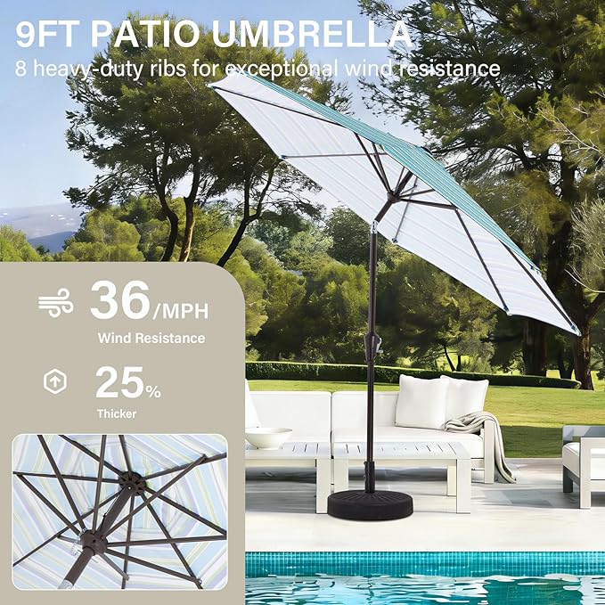 MEWAY 9ft Patio Umbrella Outdoor Table Umbrellas with Push Button Tilt and Crank, Market Umbrella 8 Sturdy Ribs for Deck, Garden, Pool and Backyard, Blue Green Stripe