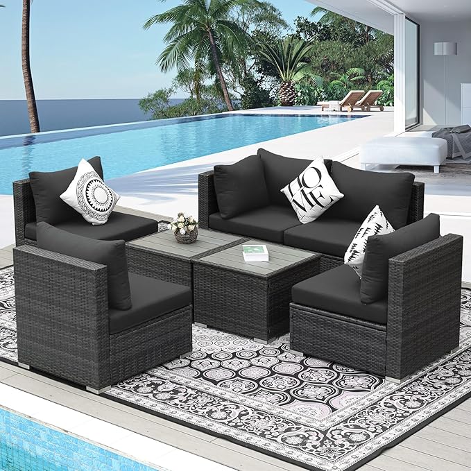 NICESOUL 7 Piece Modern Outdoor Conversation Sets, 29.3'' High Back Comfy Wicker Patio Modular Sectional with Side Tables, Extra Large and Deep Size L-Shaped Couch Furniture for Backyard Porch, Grey