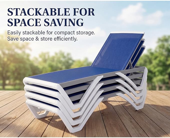 Kozyard Outdoor Chaise Lounge Chair, Full Flat Adjustable Patio Lounger with Aluminum Frame & Resin Legs, Textilene Fabric for Poolside, Backyard & Beach (Blue, 2Chairs with Table)