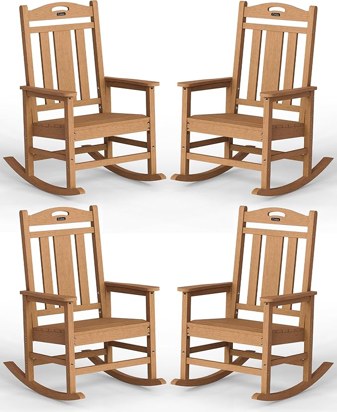 Ciokea Oversized Outdoor Rocking Chairs Set of 4, 380lbs Heavy-Duty Large Patio Rocker, High Back Cozy Porch Chairs, Weather Resistant Patio Rocking Chairs for Outside, Fire Pit, Deck, Teak