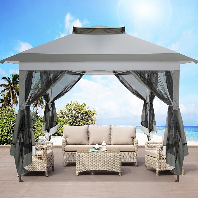 COBIZI 11x11 Pop Up Gazebo Canopy Tent Easy Up Outdoor Gazebo Waterproof Upgrade Portable Gazebo with Mosquito Nettings, Double Vented Roof and Carry Bag for Patio Garden Lawn(Gray)