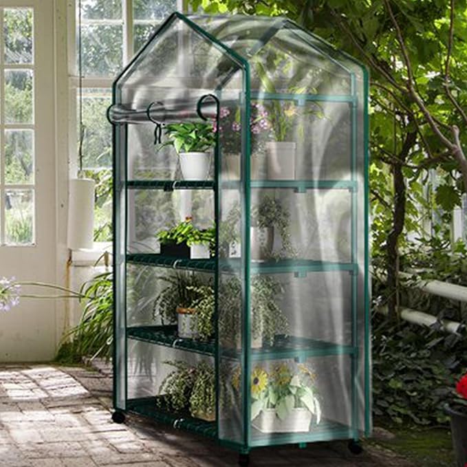 4 Tier Mini Greenhouse - Portable Greenhouse with Locking Wheels and PVC Cover for Indoor or Outdoor - 27 x 19 x 63-Inch Green House by Pure Garden