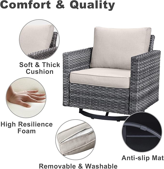 Belord Wicker Patio Furniture 5 Piece Outdoor Sofa Set, Oversize Outdoor Swivel Rocker Chairs with Rattan Ottomans, Conversation Sets Patio Furniture Come with Removable Washable Cushion Beige