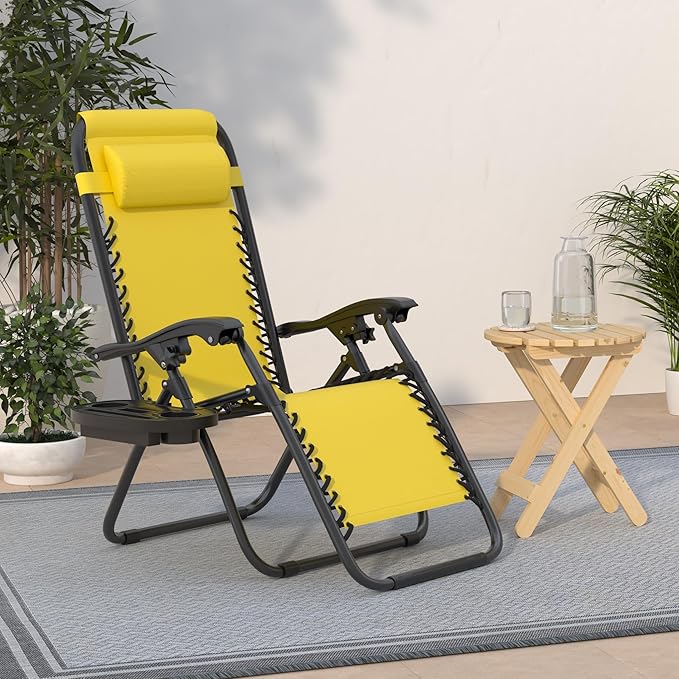 Best Choice Products Set of 2 Adjustable Steel Mesh Zero Gravity Lounge Chair Recliners w/Pillows and Cup Holder Trays - Sunflower Yellow