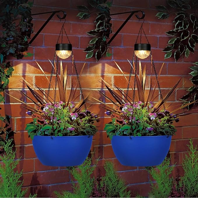SUNNYPARK 2 Packs Hanging Planters Basket for Outdoor Plants, Solar Powered Self Watering Blue Round Plastic Flower Pots with Drainer for Balcony Patio Garden Outdoor Decoration