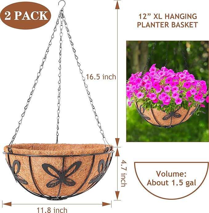 Hanging Baskets Planter for Plants, 2 Pack 12 Inch Round Metal Wire Hanging Flower Pots with Coco Coir Liner Chain, Plant Holder for Home Garden Balcony Decor