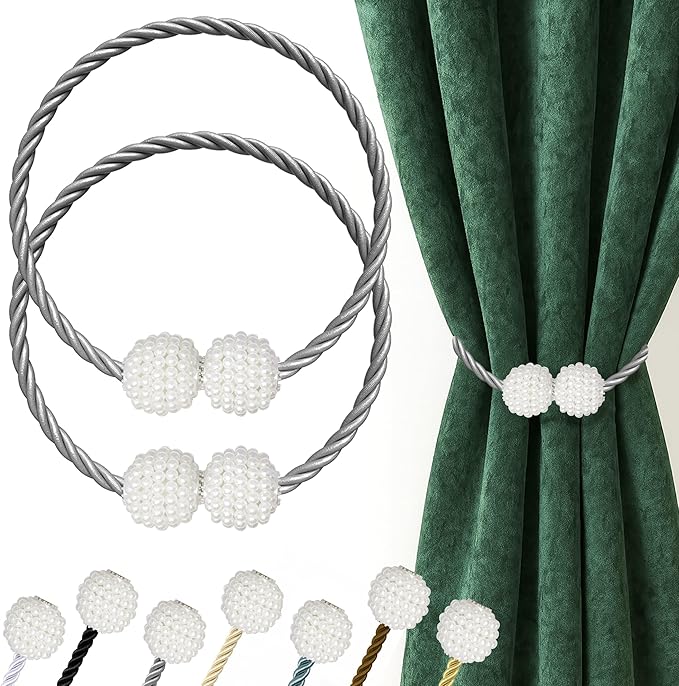 Hion Magnetic Curtain Tiebacks Grey 2pcs, Curtain Tiebacks Buckles Holdbacks Holders Hooks Clip for Home Bedroom Office Decorative Curtain