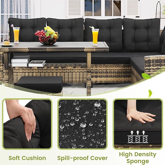 6-Piece Patio Furniture Set, Outdoor Sectional Sofa with Dining Table & Chairs, All-Weather Dining Set with Removable Cushion Covers, Ideal for Garden, Porch, Backyard, Black