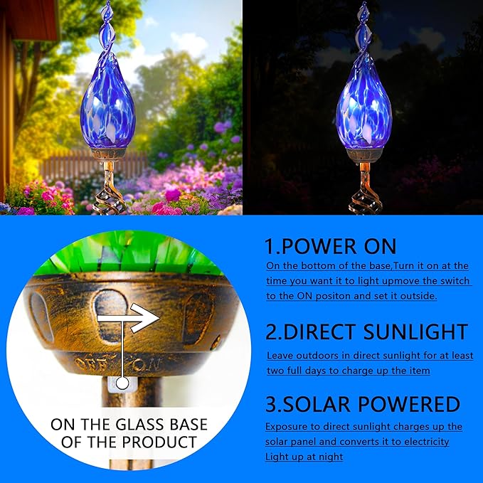 Solar Garden Lights Outdoor, Decorative LED Flame Garden Stakes, Hand Blown Glass and Outdoor Waterproof Glass Stakes (Dark Blue)
