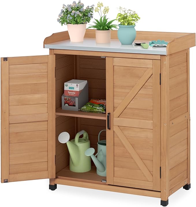 Outdoor Storage Cabinet & Potting Bench Table with Metal Top, Wooden Patio Furniture, Garden Workstation (Light Brwon, 39x31.5x17in)