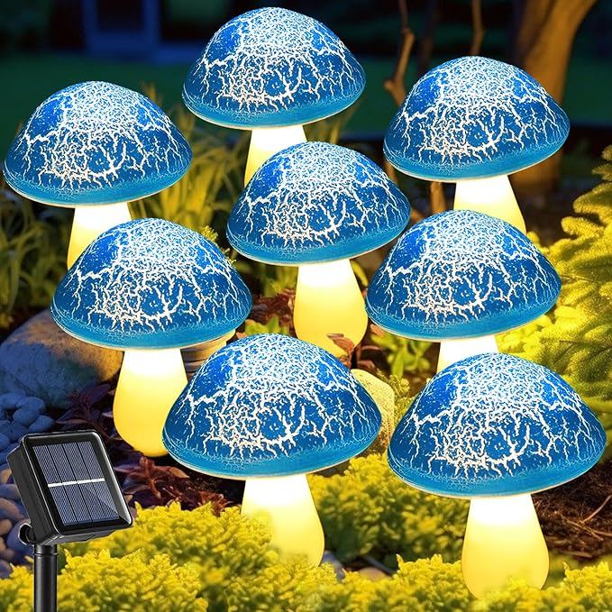 Solar Mushroom Lights Garden Decor 8 Blue Crack Mushrooms Outdoor Decor Stake Lights, Waterproof Solar Pathway Light Gardening Gifts for Landscape Easter Gnomes Yard Halloween Christmas Decorations